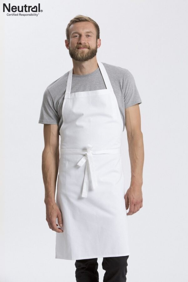 Branded promotional chef's white apron made from fairtrade organic cotton