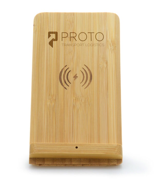 Branded Wireless Bamboo Charger and Stand